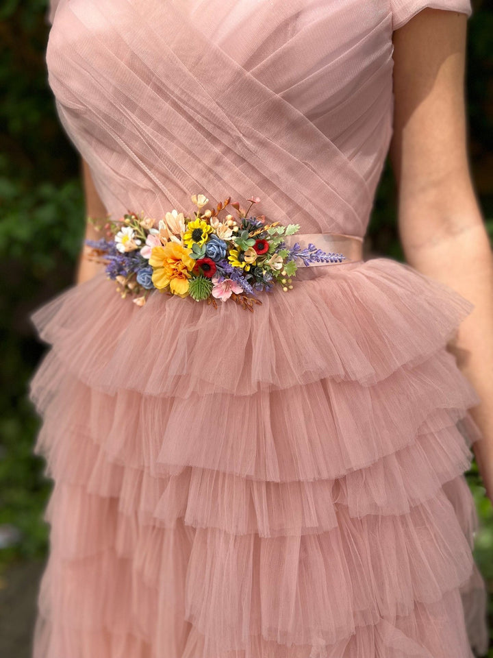 Colorful Flower Wedding Belt: Sunflower, Daisy, Lavender – handmade floral hair accessory by magaela