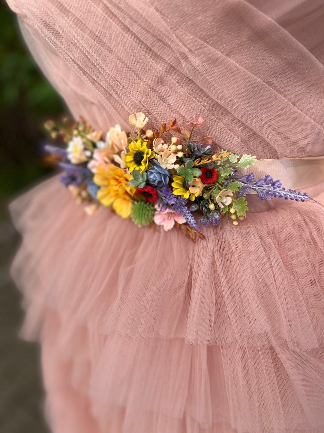 Colorful Flower Wedding Belt: Sunflower, Daisy, Lavender – handmade floral hair accessory by magaela