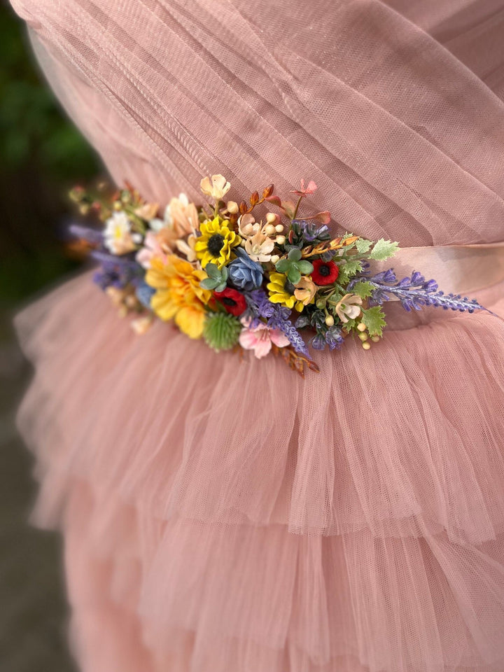 Colorful Flower Wedding Belt: Sunflower, Daisy, Lavender – handmade floral hair accessory by magaela