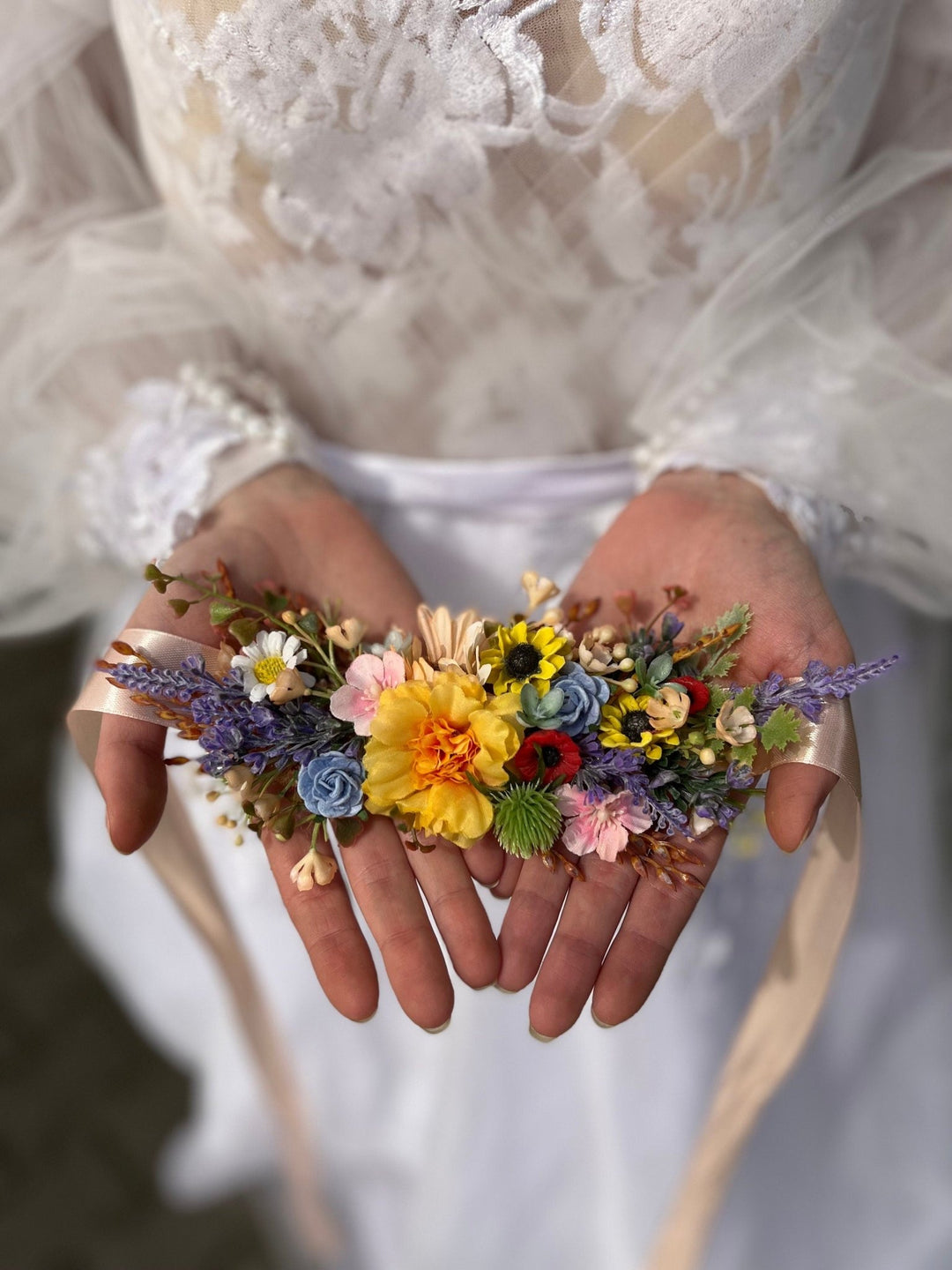 Colorful Flower Wedding Belt: Sunflower, Daisy, Lavender – handmade floral hair accessory by magaela