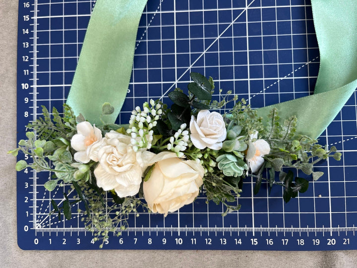 Sage Green Flower Bridal Belt: White Rose & Ivory Greenery Sash – handmade floral hair accessory by magaela