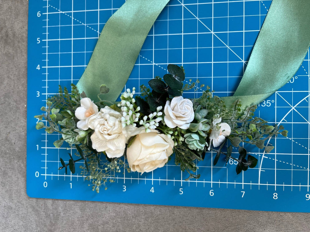 Sage Green Flower Bridal Belt: White Rose & Ivory Greenery Sash – handmade floral hair accessory by magaela