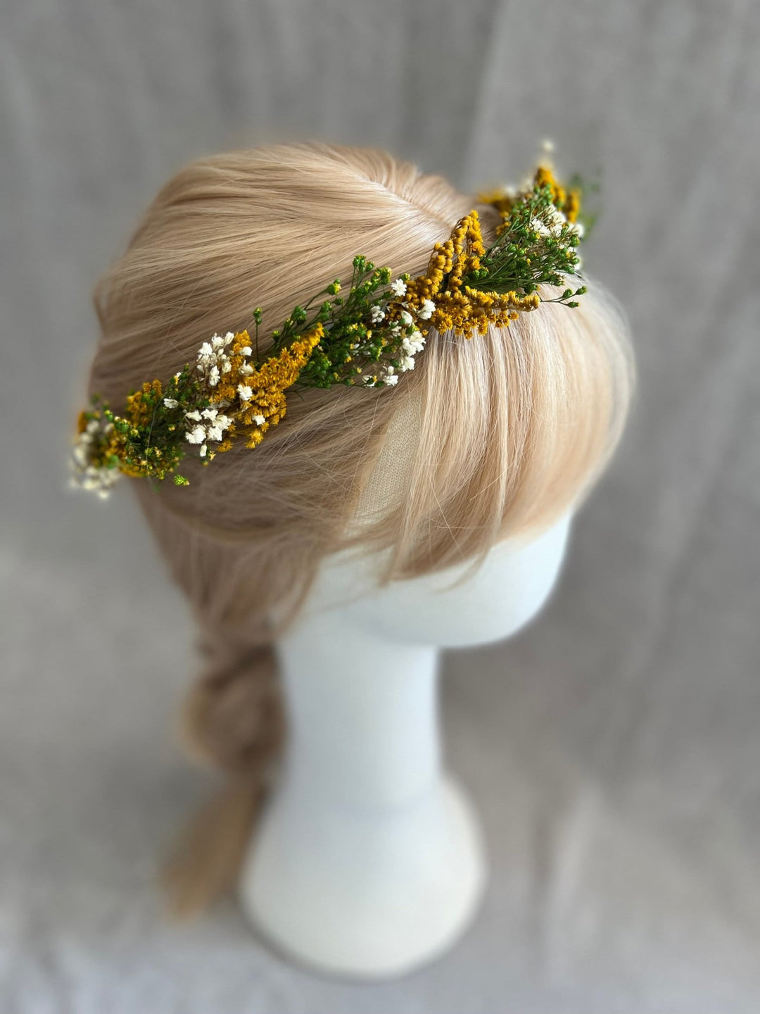 Preserved Flower Hair Wreath: Green, Ochre & Ivory Bridal Crown – handmade floral hair accessory by magaela