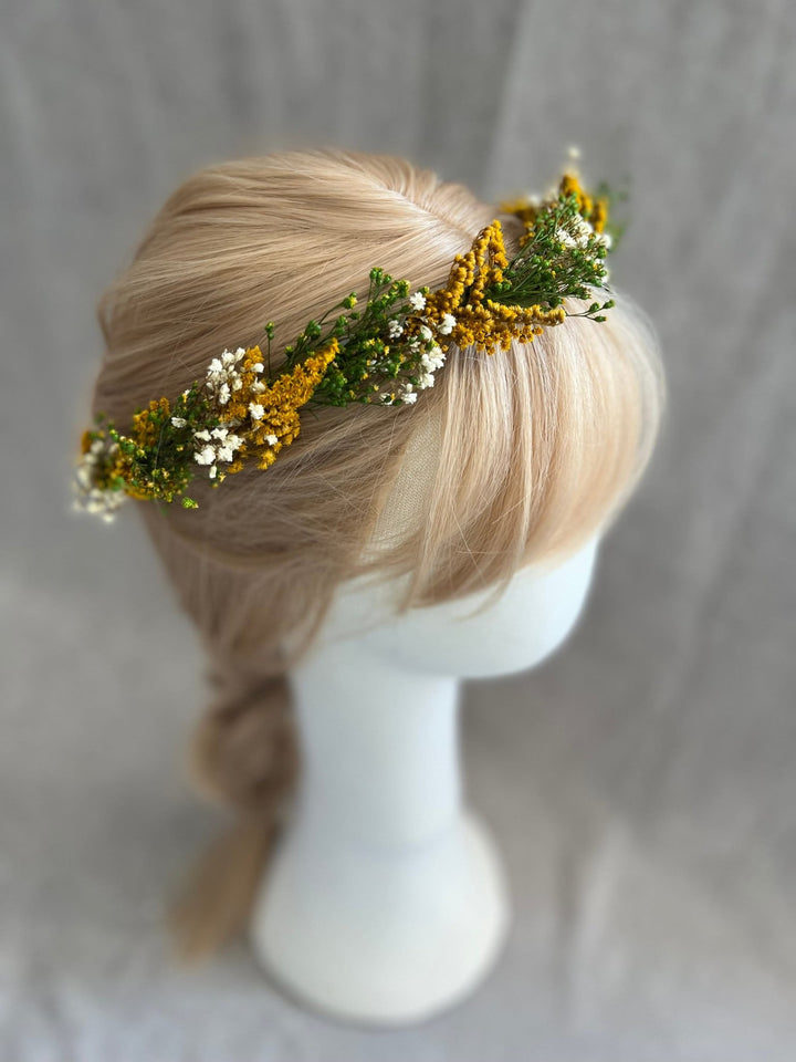 Preserved Flower Hair Wreath: Green, Ochre & Ivory Bridal Crown – handmade floral hair accessory by magaela