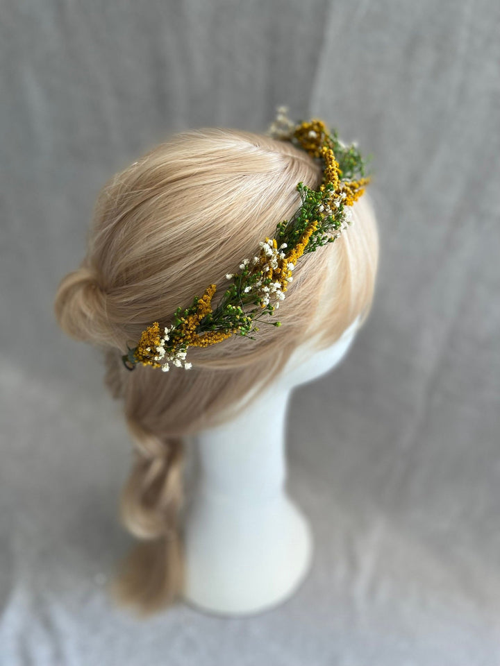 Preserved Flower Hair Wreath: Green, Ochre & Ivory Bridal Crown – handmade floral hair accessory by magaela