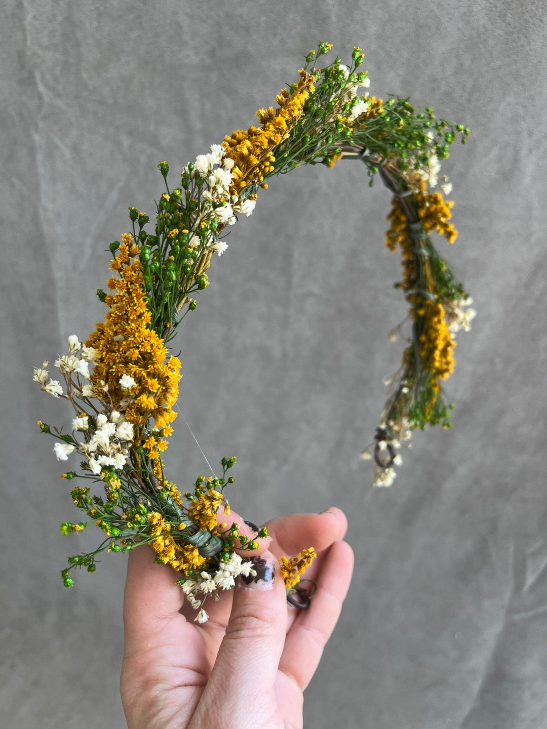 Preserved Flower Hair Wreath: Green, Ochre & Ivory Bridal Crown – handmade floral hair accessory by magaela