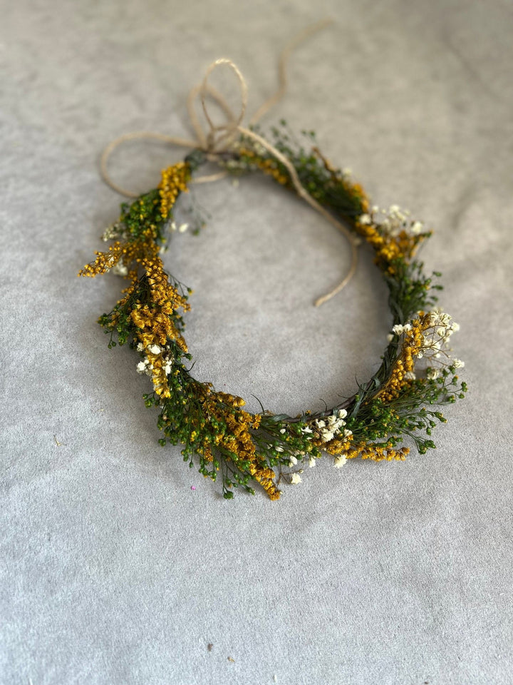 Preserved Flower Hair Wreath: Green, Ochre & Ivory Bridal Crown – handmade floral hair accessory by magaela
