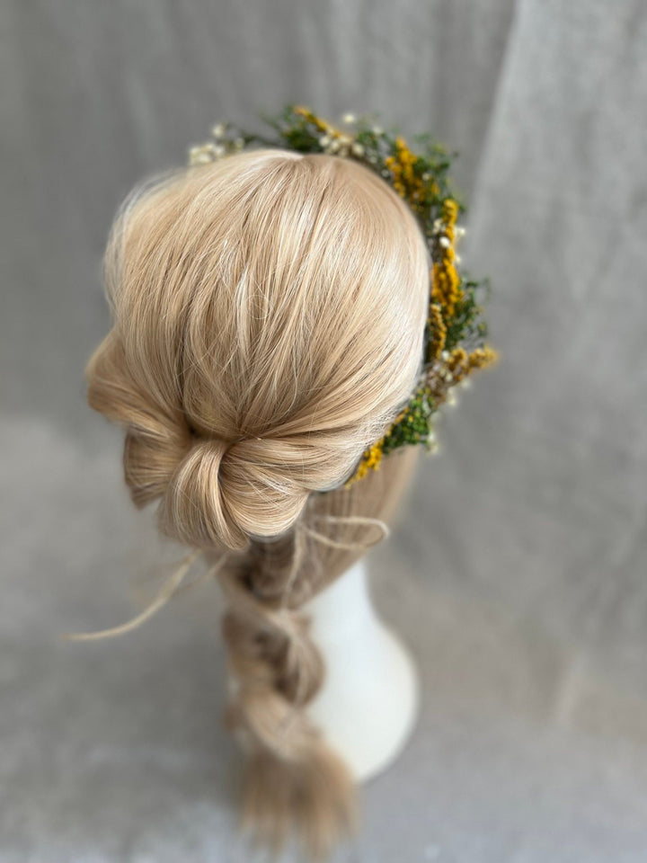 Preserved Flower Hair Wreath: Green, Ochre & Ivory Bridal Crown – handmade floral hair accessory by magaela