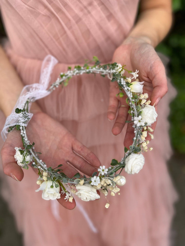 Ivory Rose Flower Crown: Bridal Hair Wreath with Pearls & Lace – handmade floral hair accessory by magaela