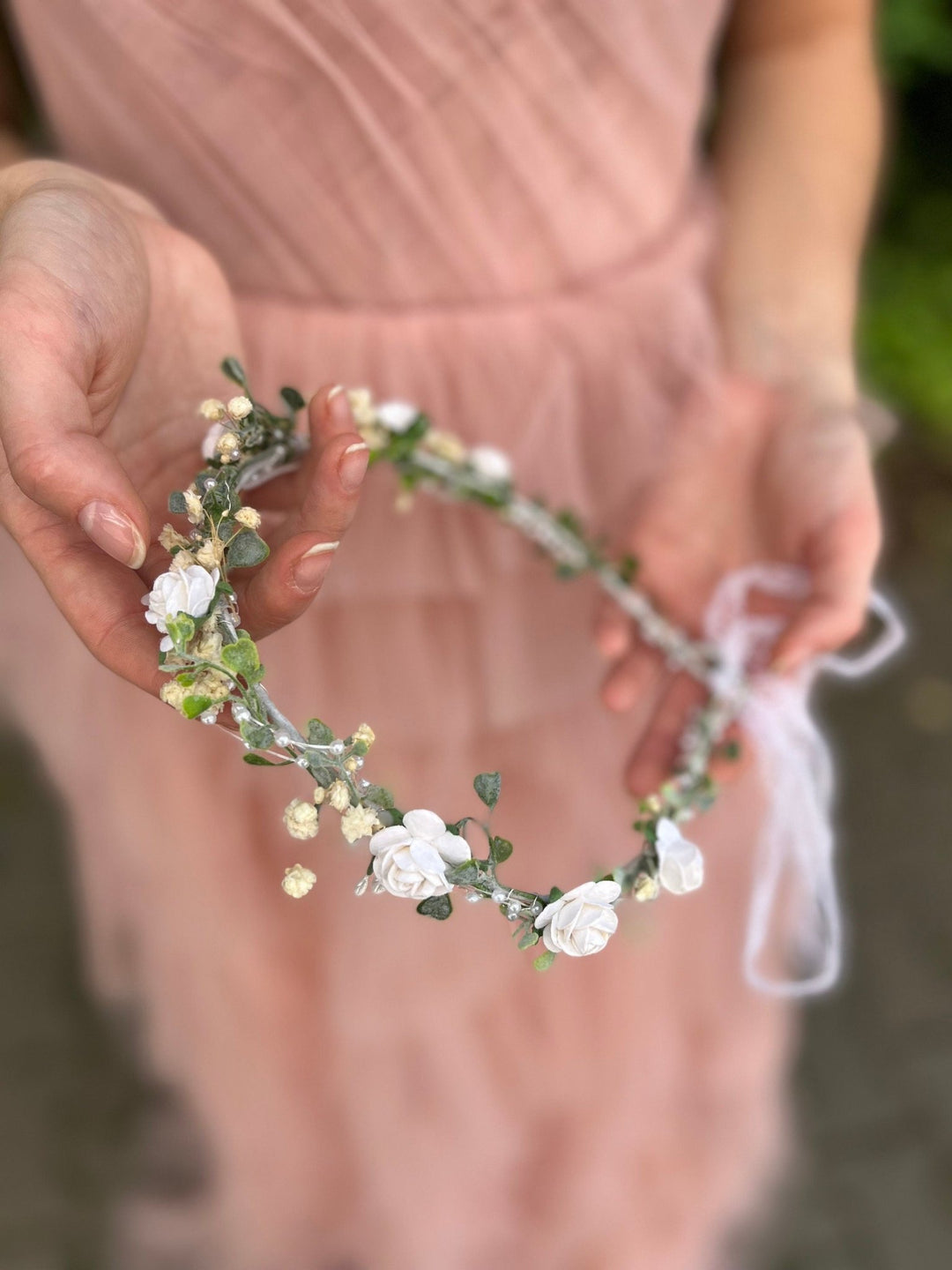 White Rose Wedding Crown: Bridal Headpiece with Pearls & Baby's Breath – handmade floral hair accessory by magaela