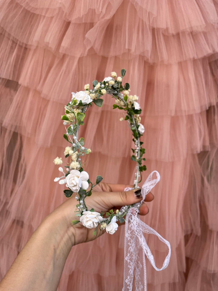White Rose Wedding Crown: Bridal Headpiece with Pearls & Baby's Breath – handmade floral hair accessory by magaela