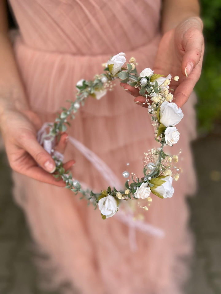 White Rose Bridal Crown: Pearl Wedding Flower Wreath – handmade floral hair accessory by magaela