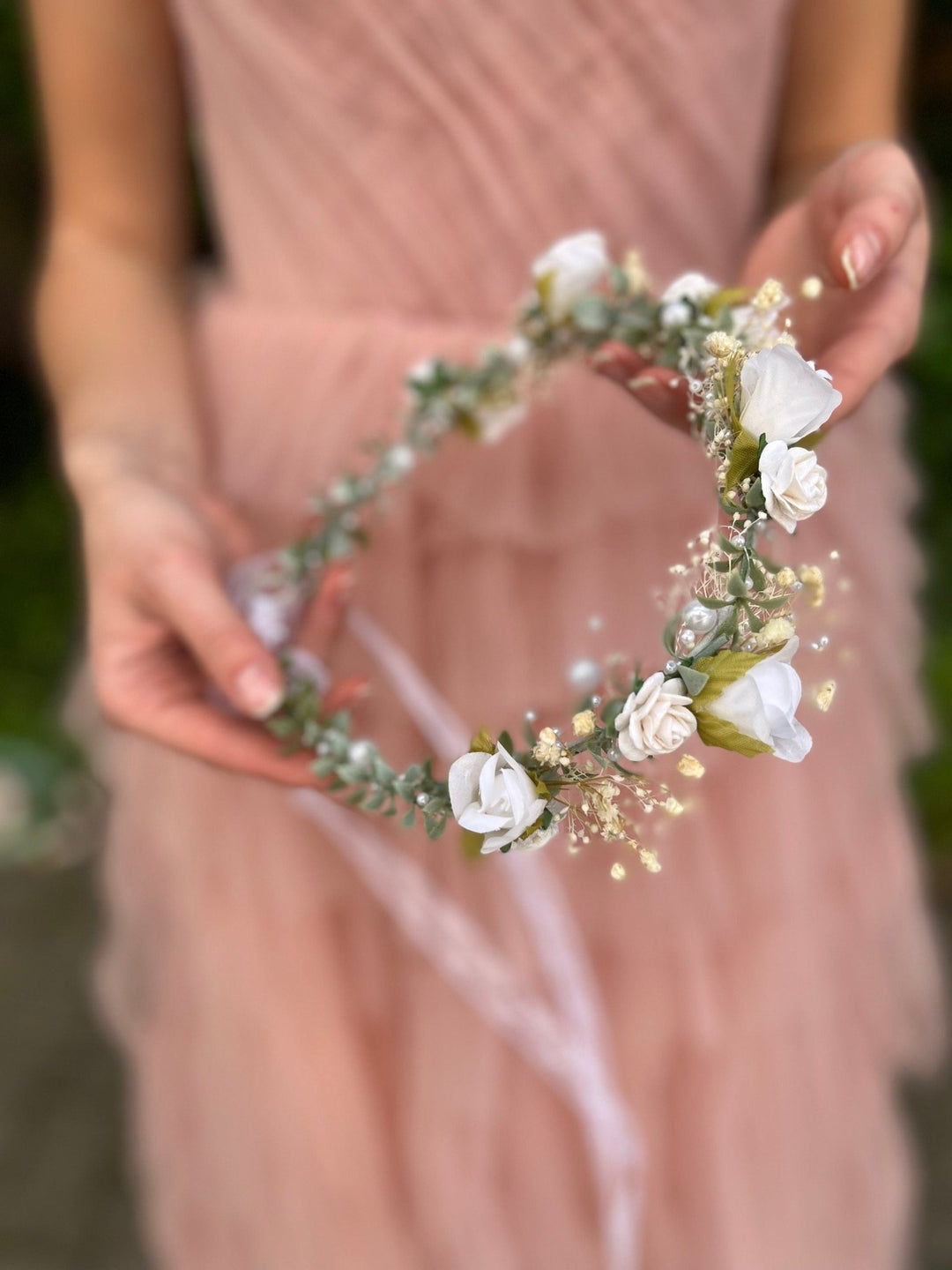 White Rose Bridal Crown: Pearl Wedding Flower Wreath – handmade floral hair accessory by magaela