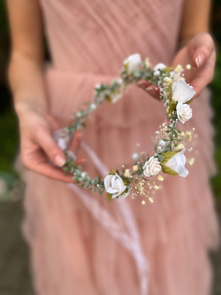 White Rose Bridal Crown: Pearl Wedding Flower Wreath – handmade floral hair accessory by magaela