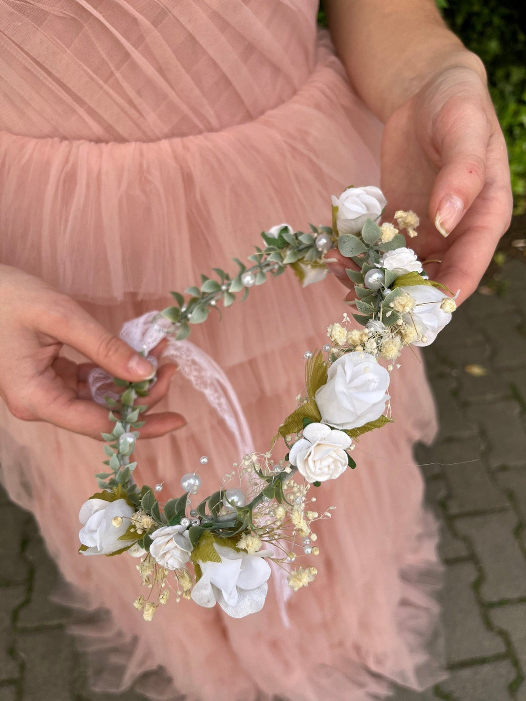 White Rose Bridal Crown: Pearl Wedding Flower Wreath – handmade floral hair accessory by magaela