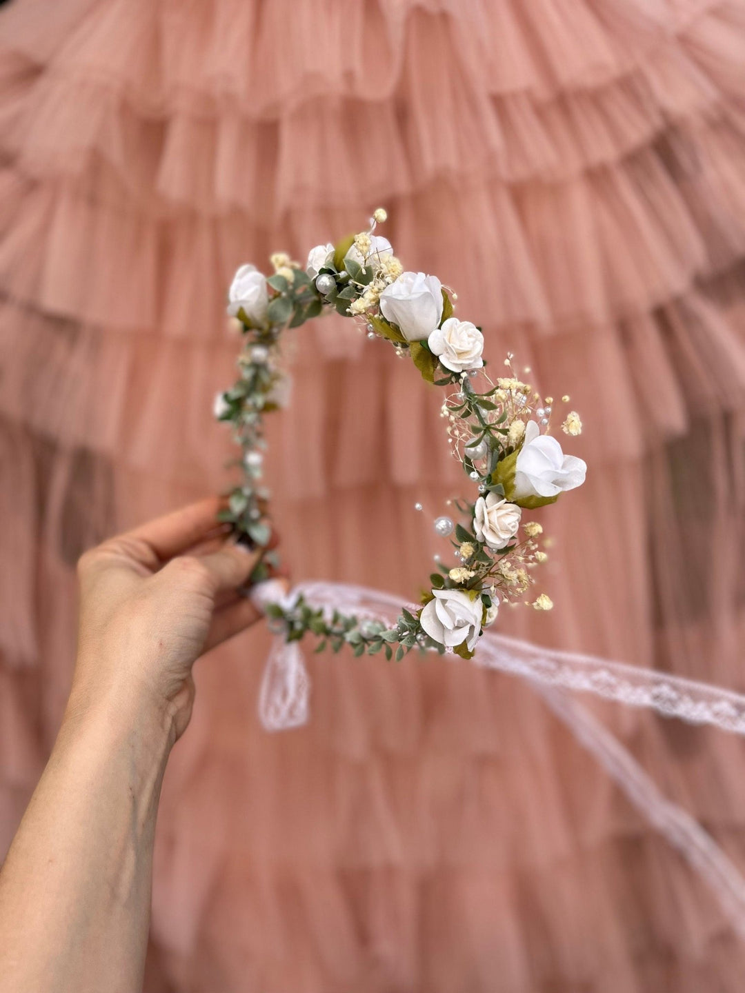 White Rose Bridal Crown: Pearl Wedding Flower Wreath – handmade floral hair accessory by magaela