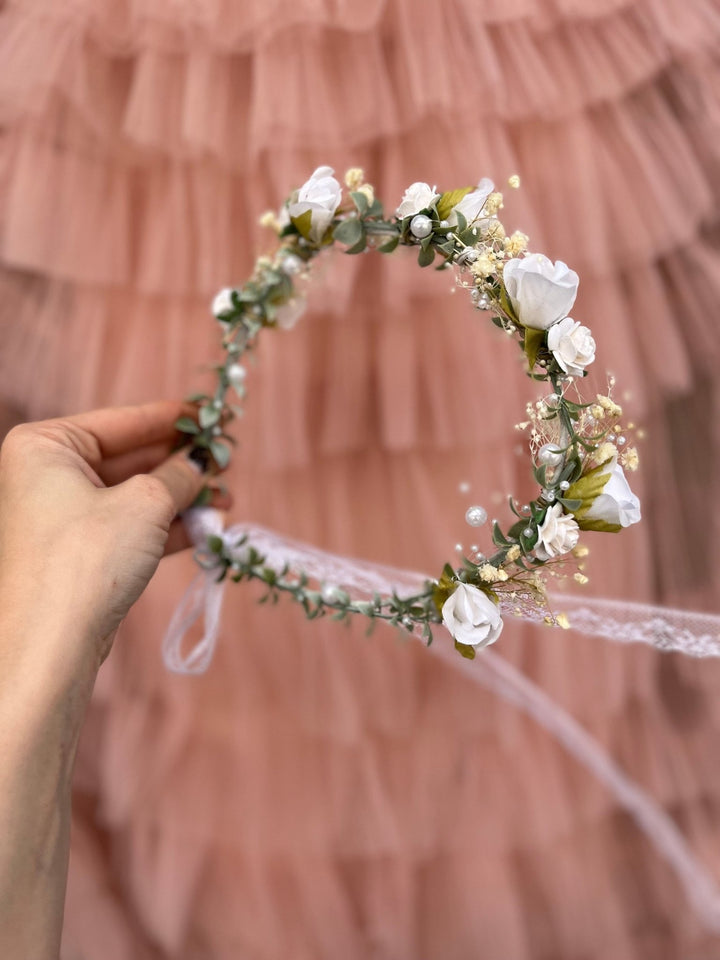 White Rose Bridal Crown: Pearl Wedding Flower Wreath – handmade floral hair accessory by magaela