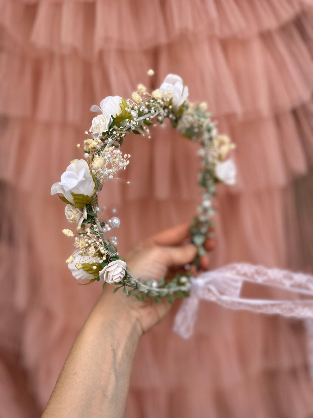 White Rose Bridal Crown: Pearl Wedding Flower Wreath – handmade floral hair accessory by magaela