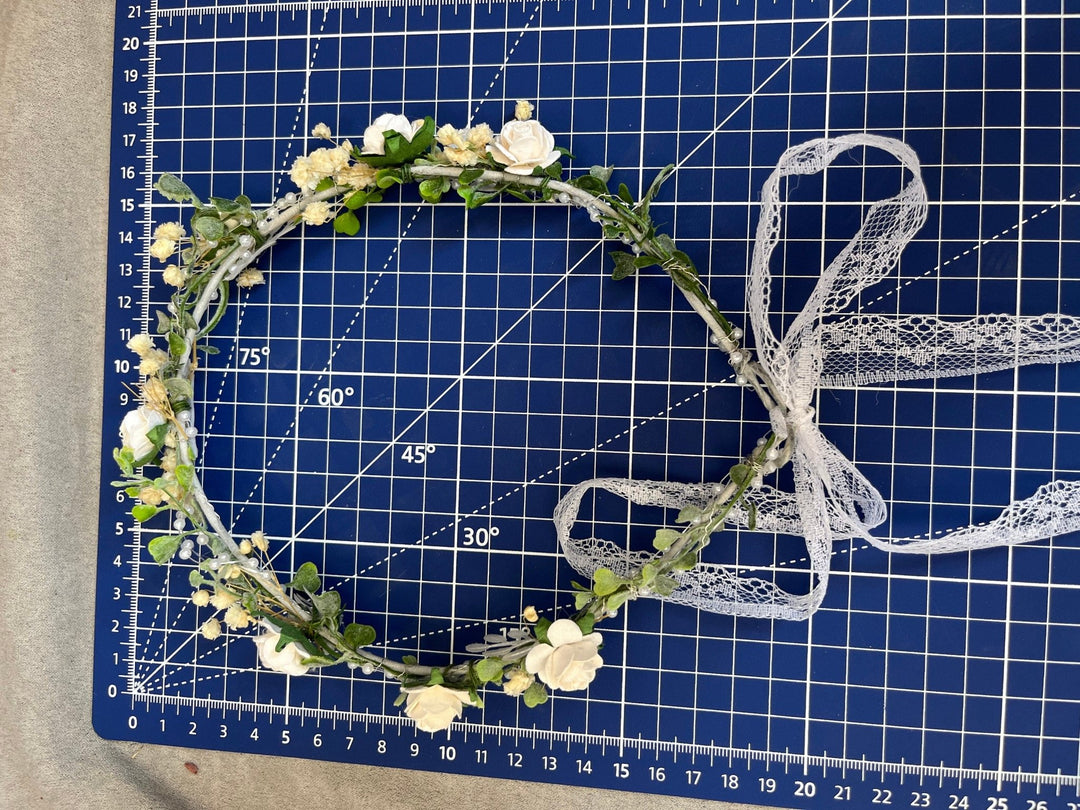 White Rose Wedding Crown: Bridal Headpiece with Pearls & Baby's Breath – handmade floral hair accessory by magaela