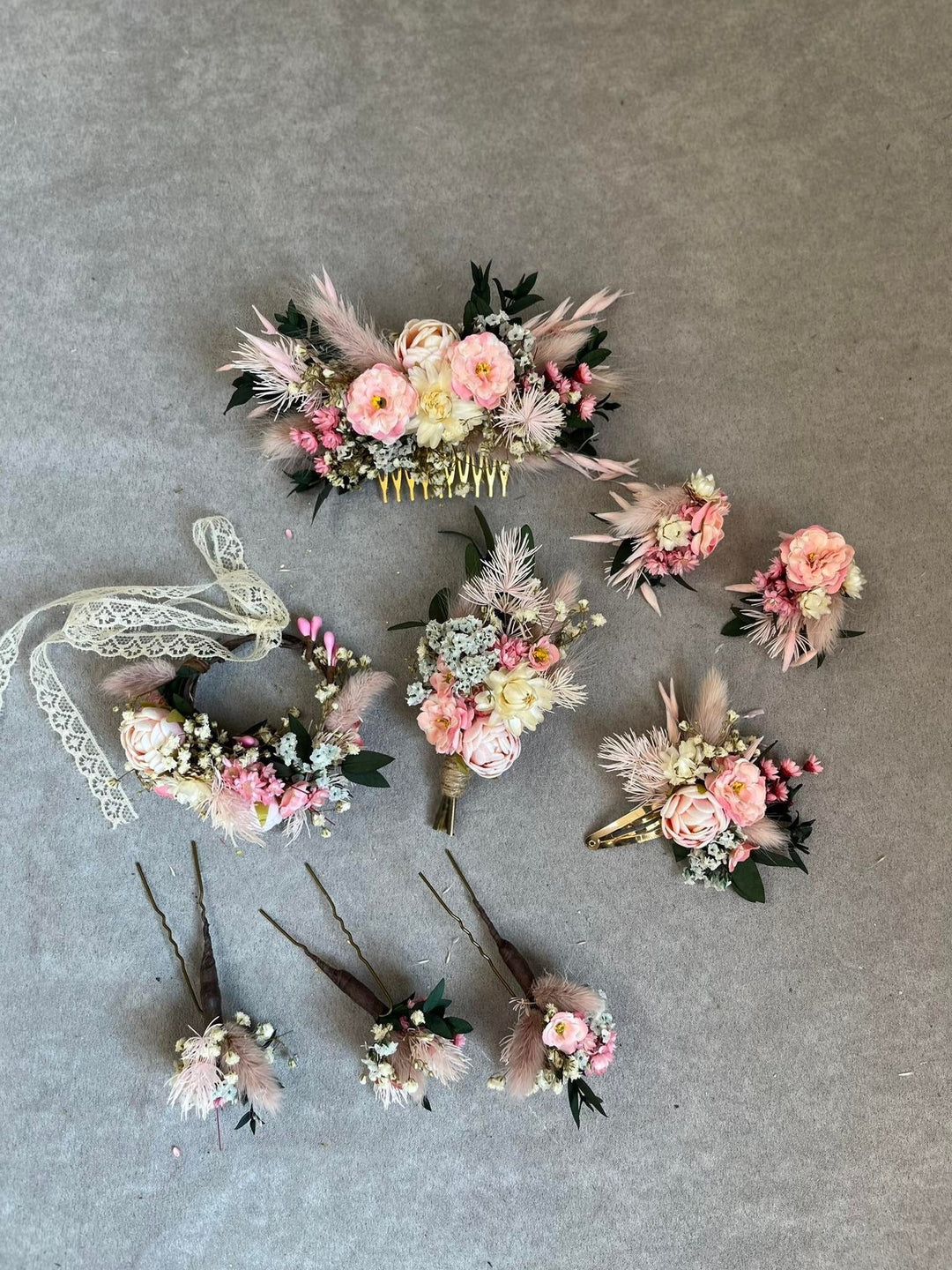 Custom Floral Accessory: 2 flower alligator clips, 1 flower boutonniere, 1 flower brooch – handmade floral hair accessory by magaela