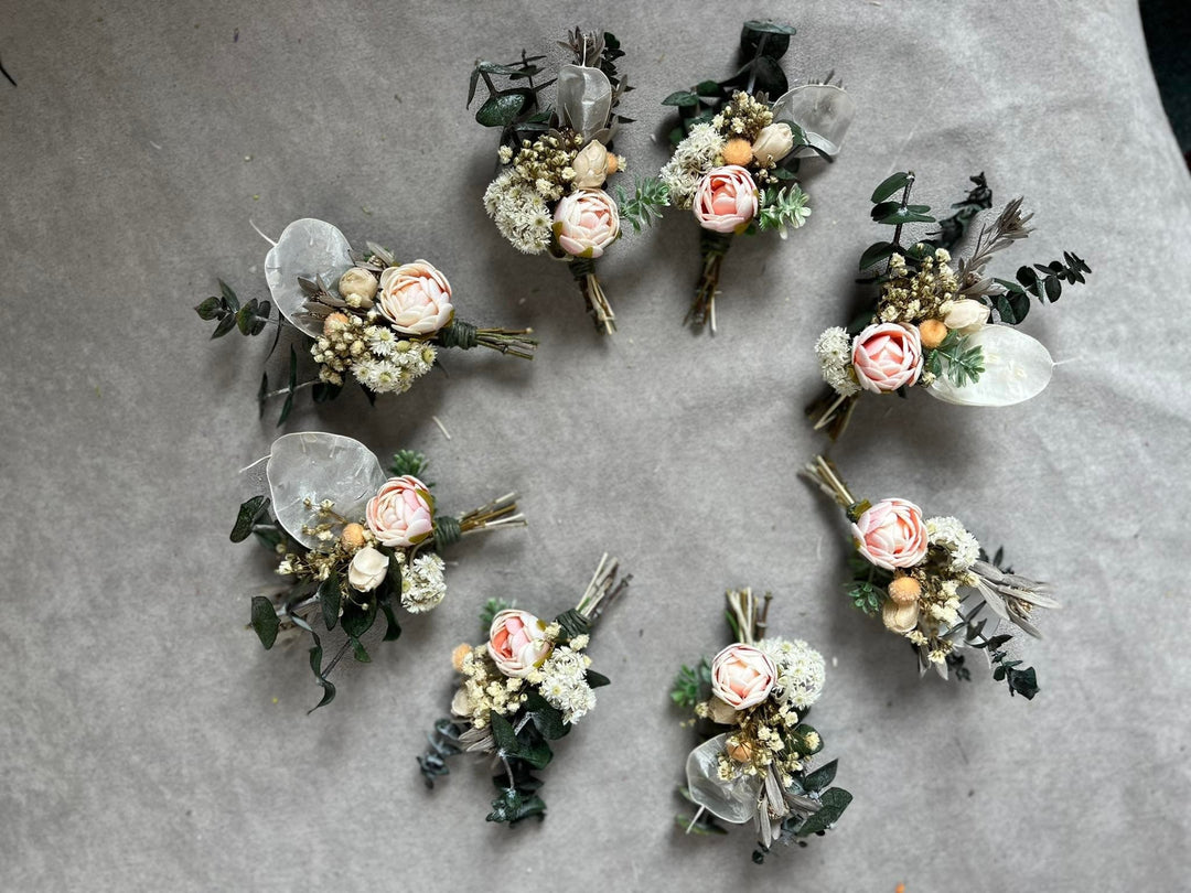 Peony Eucalyptus Boutonniere: Romantic Wedding Groomsmen Corsage – handmade floral hair accessory by magaela
