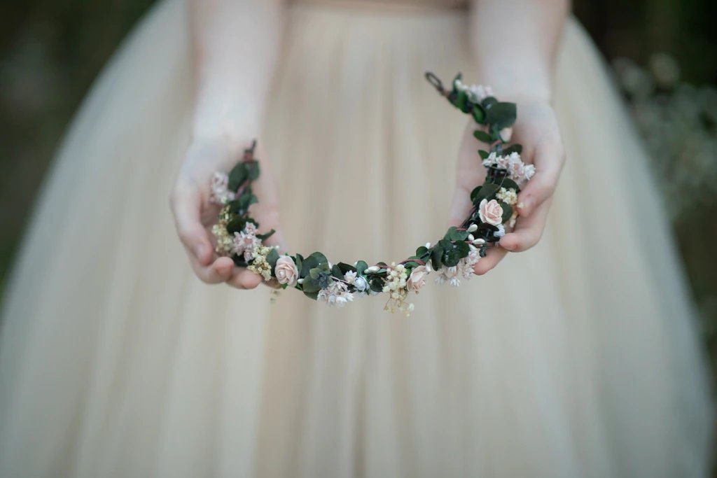 Eucalyptus Flower Crown: Blush Rose Bridal Headpiece – handmade floral hair accessory by magaela