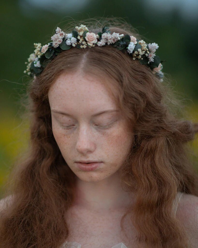 Eucalyptus Flower Crown: Blush Rose Bridal Headpiece – handmade floral hair accessory by magaela