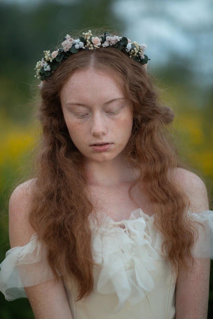 Eucalyptus Flower Crown: Blush Rose Bridal Headpiece – handmade floral hair accessory by magaela