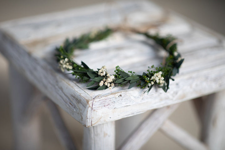Eucalyptus Wedding Hair Crown: Baby's Breath Bridal Flower Wreath – handmade floral hair accessory by magaela