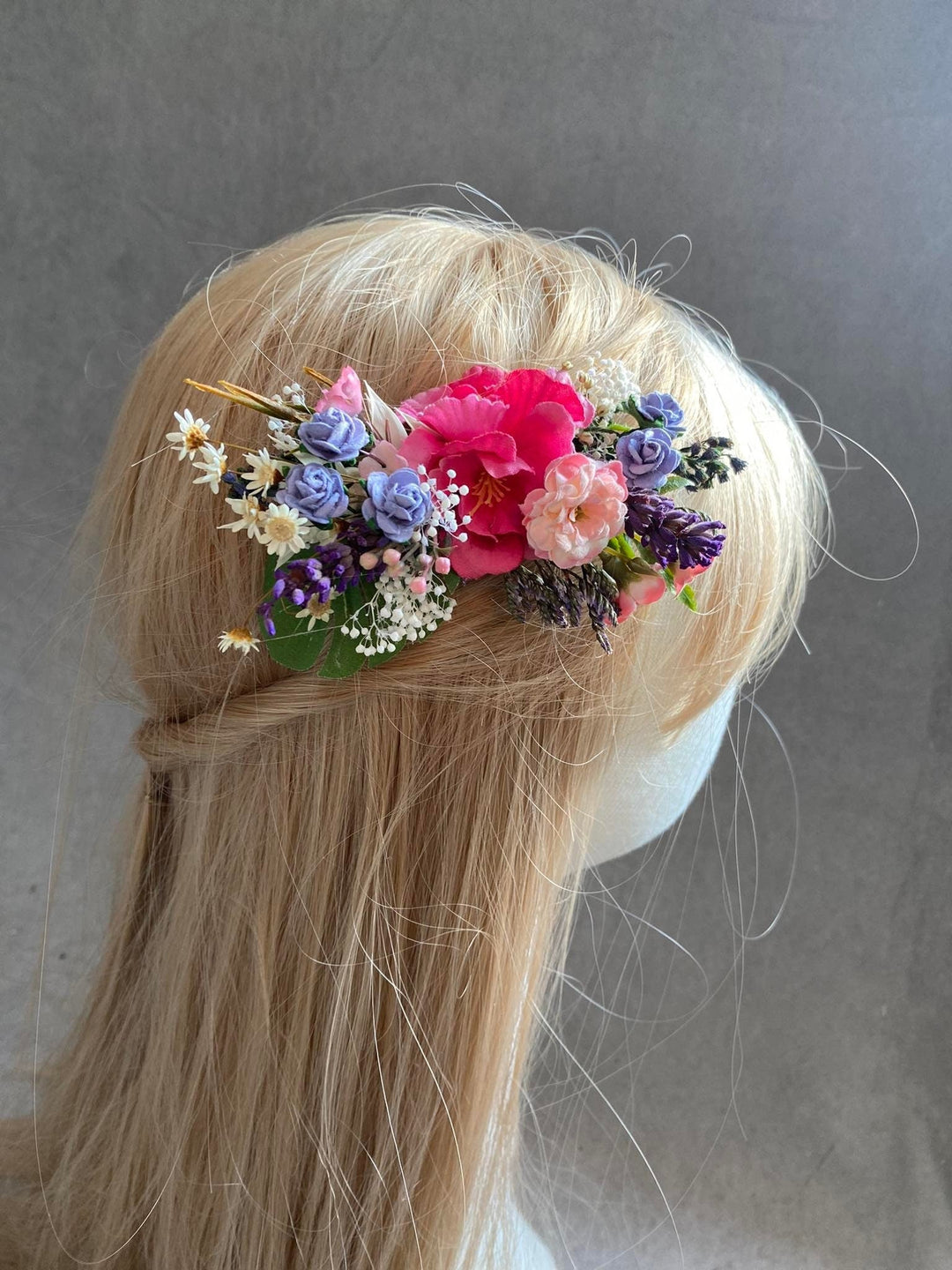 Bridal Flower Hair Comb: Colorful Meadow, Lavender & Roses – handmade floral hair accessory by magaela