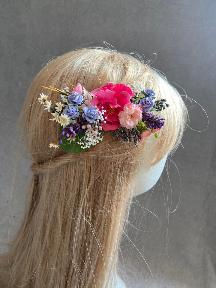 Bridal Flower Hair Comb: Colorful Meadow, Lavender & Roses – handmade floral hair accessory by magaela