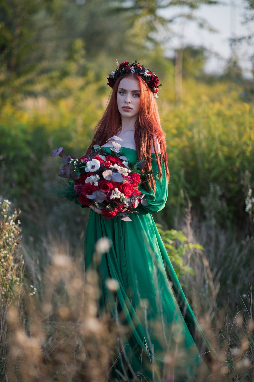 Red Rose Bridal Bouquet: Autumn Wedding Bouquet with Eucalyptus – handmade floral hair accessory by magaela
