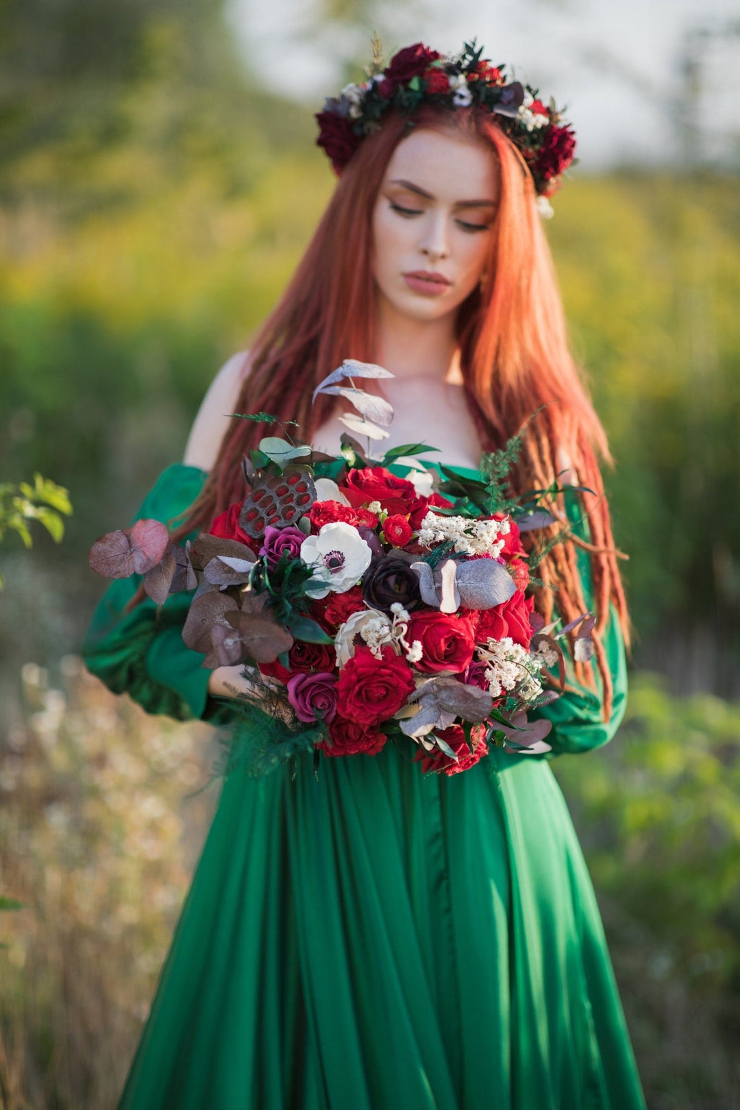 Red Rose Bridal Bouquet: Autumn Wedding Bouquet with Eucalyptus – handmade floral hair accessory by magaela