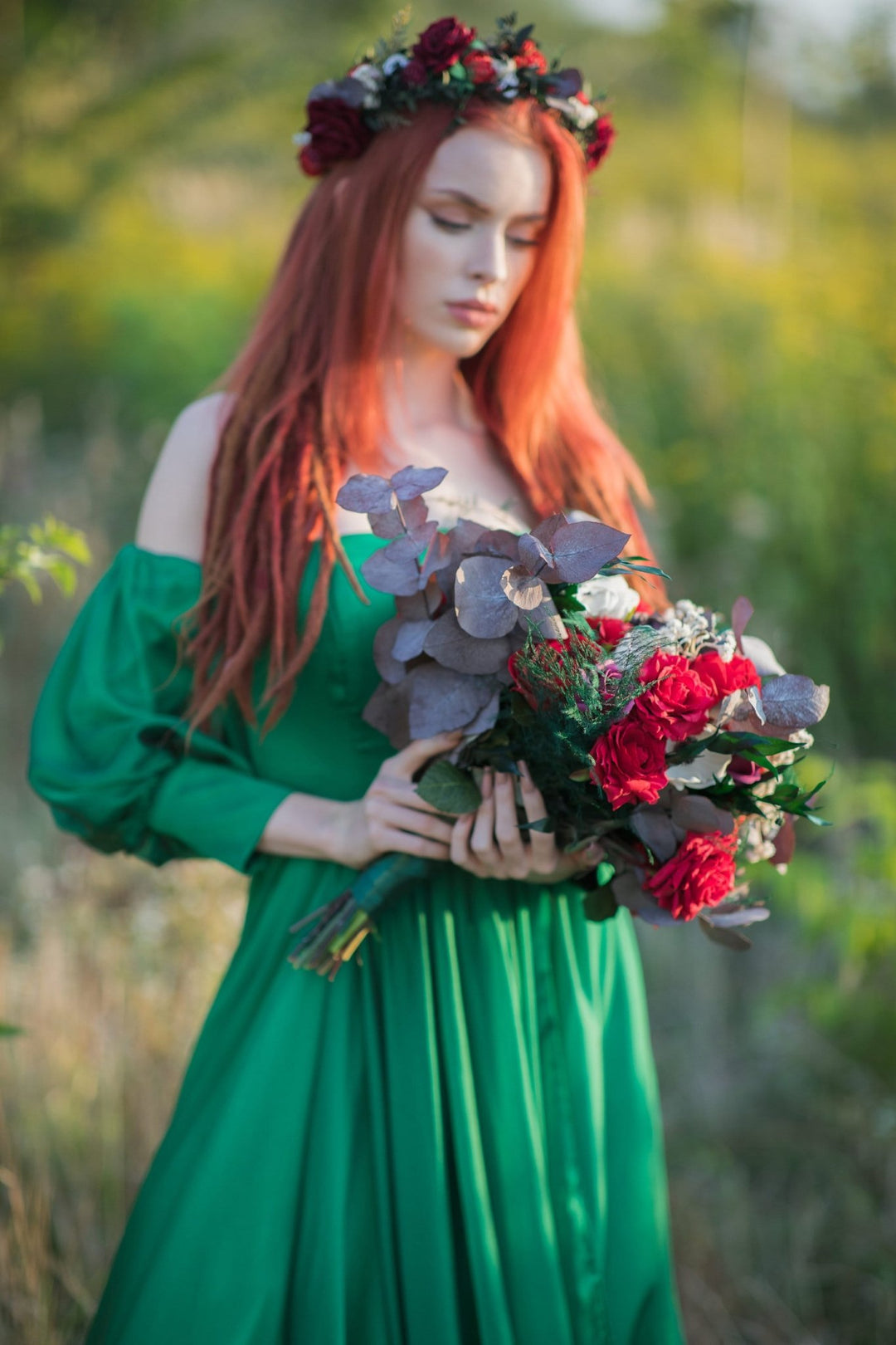 Red Rose Bridal Bouquet: Autumn Wedding Bouquet with Eucalyptus – handmade floral hair accessory by magaela