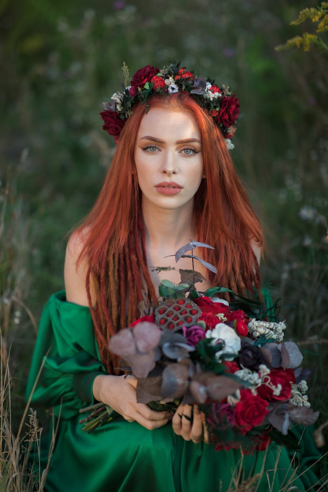 Red Rose Bridal Bouquet: Autumn Wedding Bouquet with Eucalyptus – handmade floral hair accessory by magaela