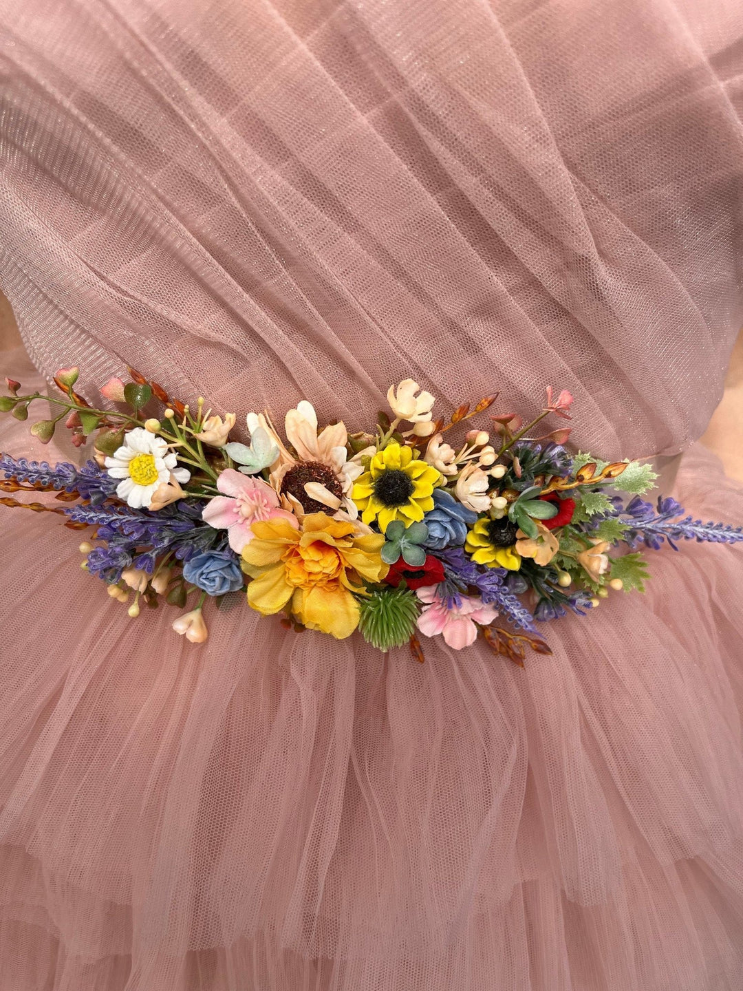 Colorful Flower Wedding Belt: Sunflower, Daisy, Lavender – handmade floral hair accessory by magaela