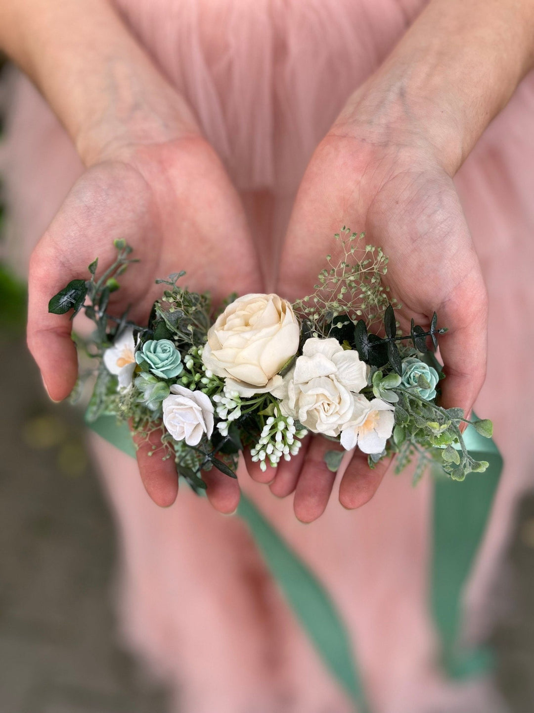 Sage Green Flower Bridal Belt: White Rose & Ivory Greenery Sash – handmade floral hair accessory by magaela