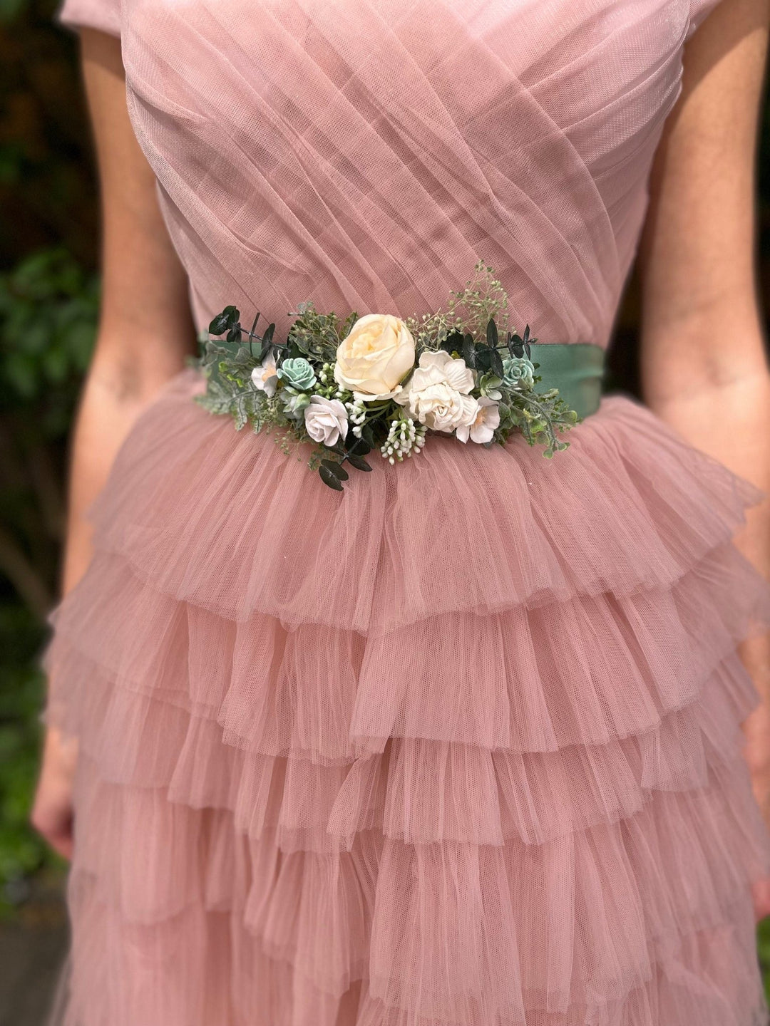 Sage Green Flower Bridal Belt: White Rose & Ivory Greenery Sash – handmade floral hair accessory by magaela
