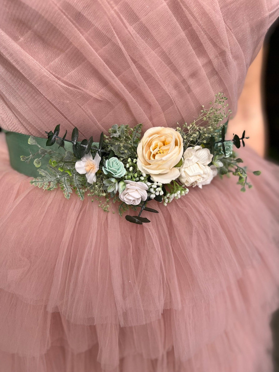 Sage Green Flower Bridal Belt: White Rose & Ivory Greenery Sash – handmade floral hair accessory by magaela