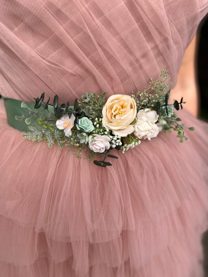 Sage Green Flower Bridal Belt: White Rose & Ivory Greenery Sash – handmade floral hair accessory by magaela