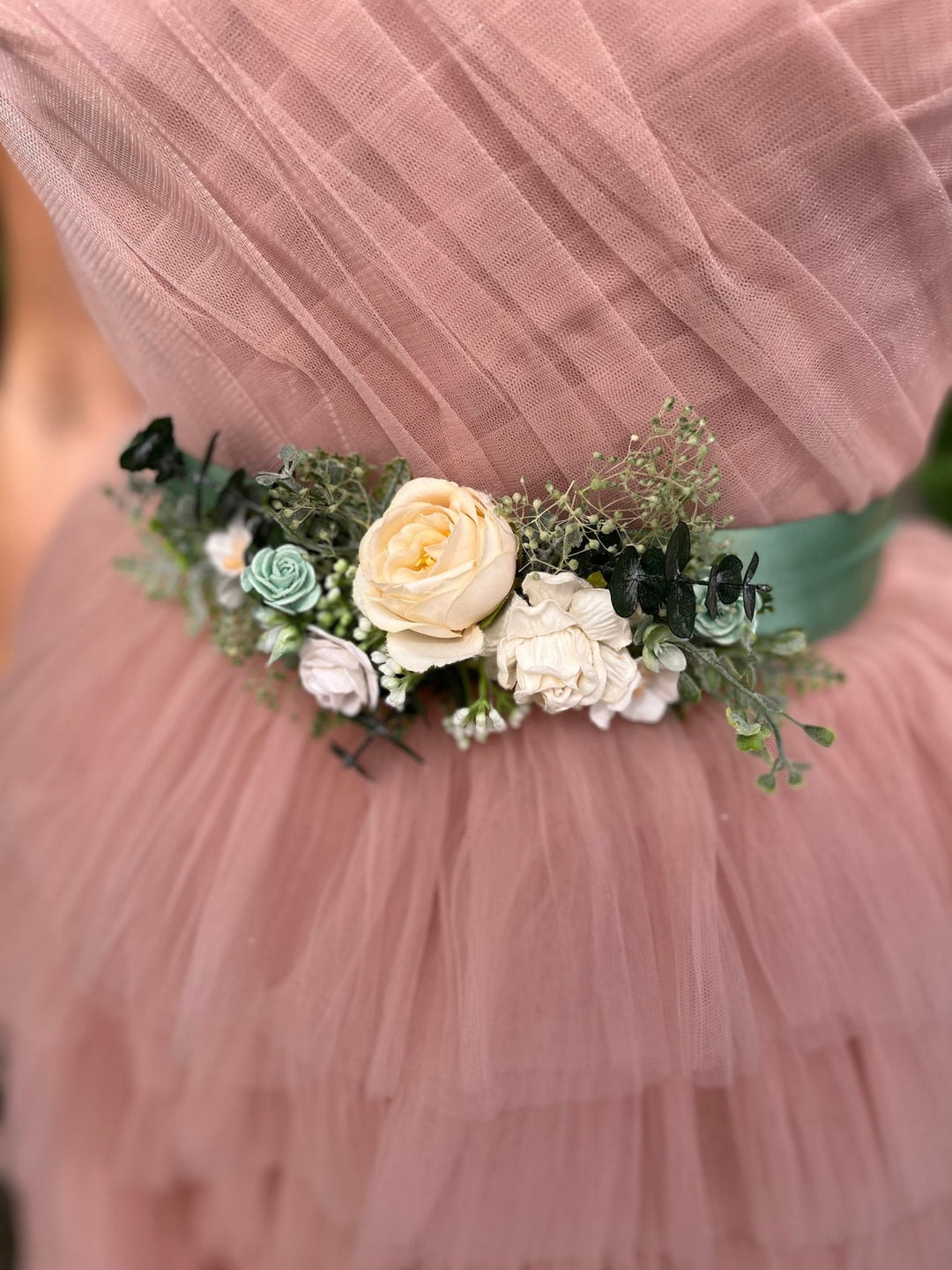 Sage Green Flower Bridal Belt: White Rose & Ivory Greenery Sash – handmade floral hair accessory by magaela