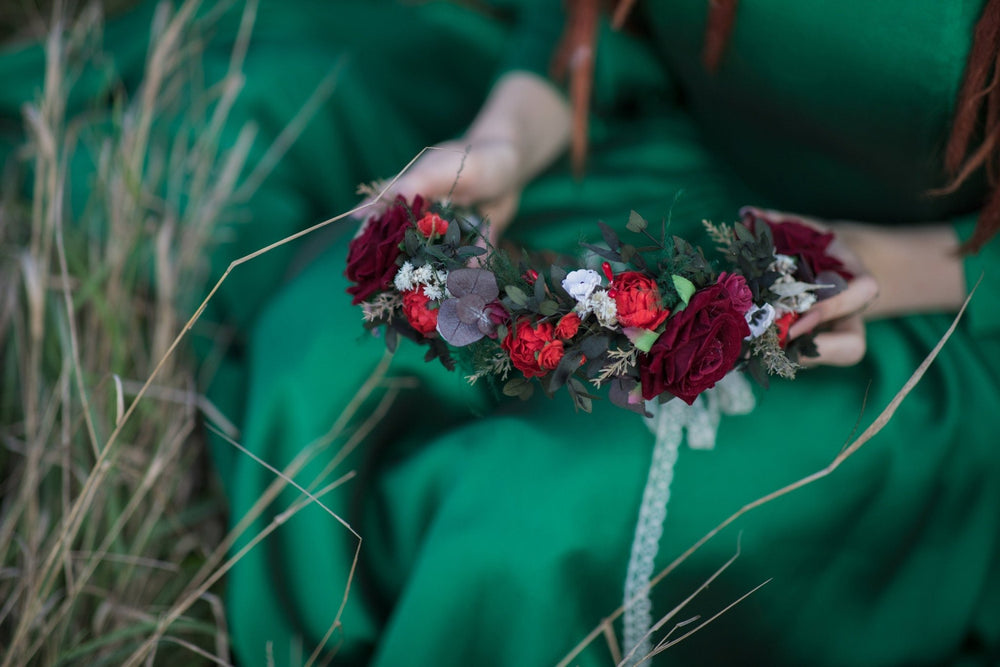 Red Rose Boho Wedding Crown: Bridal Hair Wreath – handmade floral hair accessory by magaela