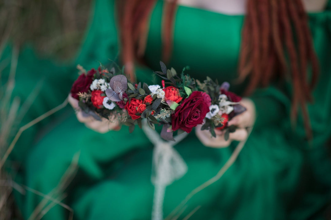 Red Rose Boho Wedding Crown: Bridal Hair Wreath – handmade floral hair accessory by magaela