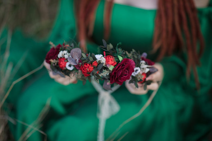 Red Rose Boho Wedding Crown: Bridal Hair Wreath – handmade floral hair accessory by magaela