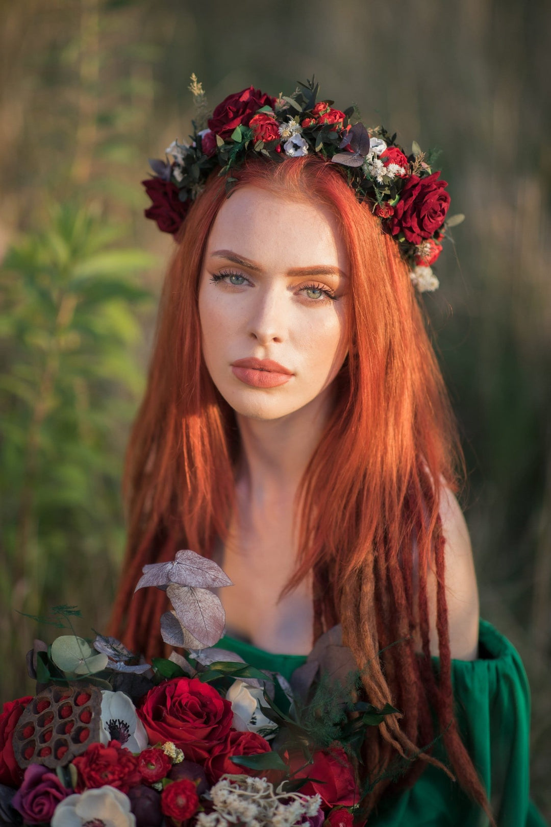 Red Rose Boho Wedding Crown: Bridal Hair Wreath – handmade floral hair accessory by magaela