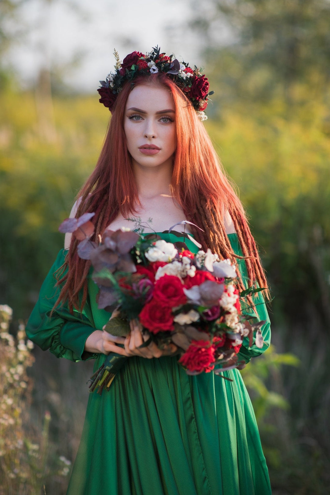 Red Rose Boho Wedding Crown: Bridal Hair Wreath – handmade floral hair accessory by magaela