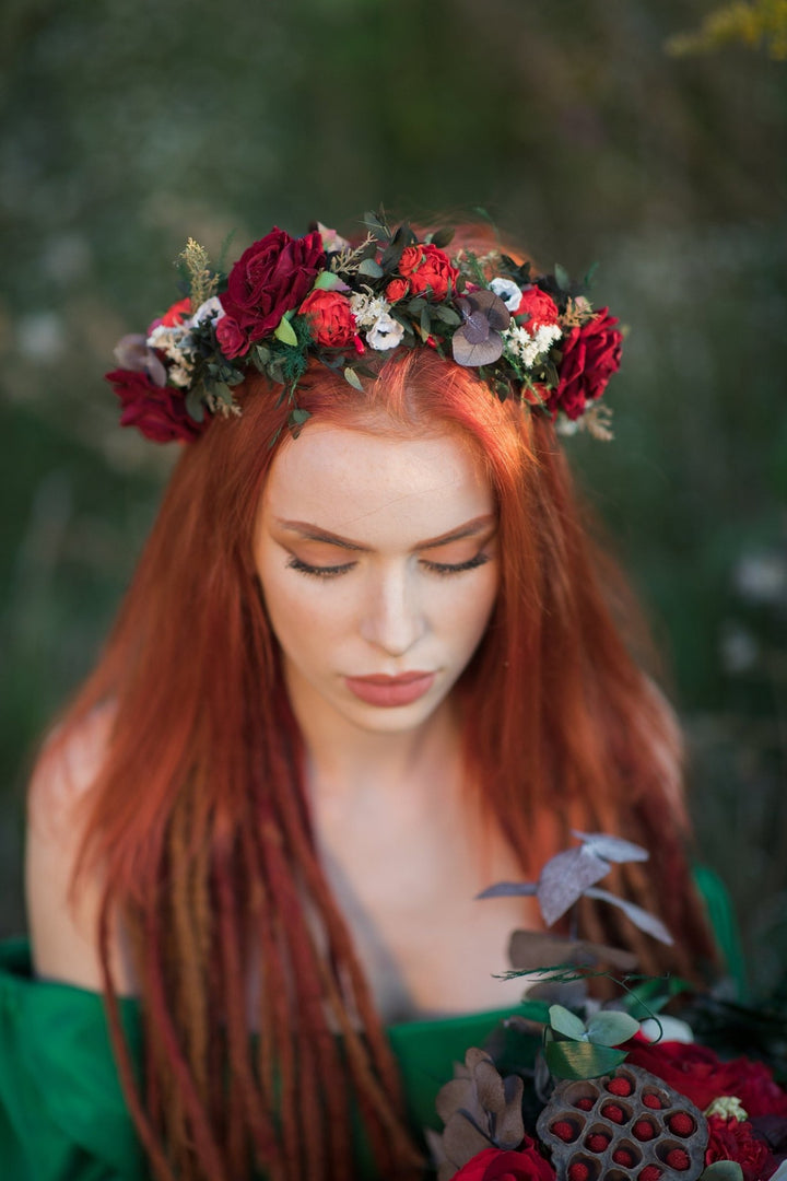Red Rose Boho Wedding Crown: Bridal Hair Wreath – handmade floral hair accessory by magaela