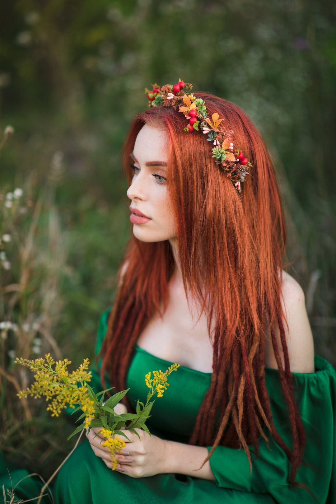 Autumn Flower Half Wreath: Berries, Burnt Orange Bridal Crown – handmade floral hair accessory by magaela