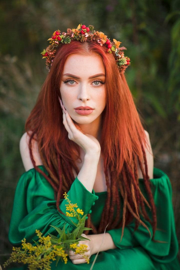 Autumn Flower Half Wreath: Berries, Burnt Orange Bridal Crown – handmade floral hair accessory by magaela