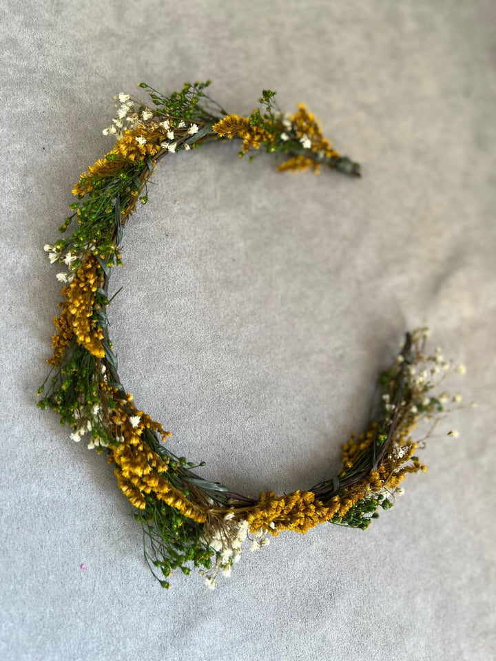 Preserved Flower Hair Wreath: Green, Ochre & Ivory Bridal Crown – handmade floral hair accessory by magaela